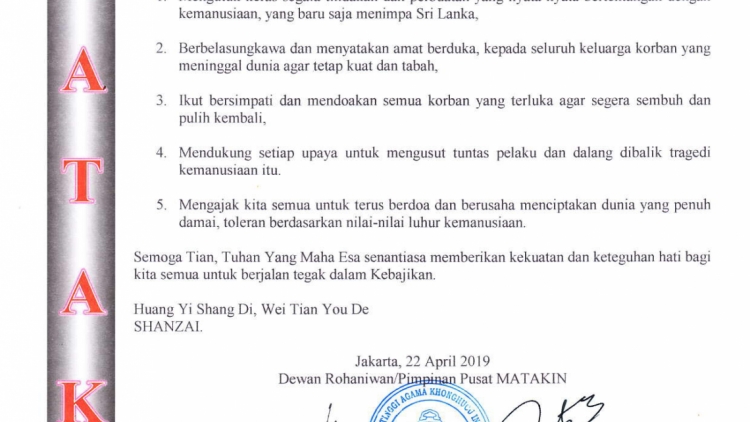 Seruan Kemanusiaan MATAKIN atas tragedi bom di Sri Lanka